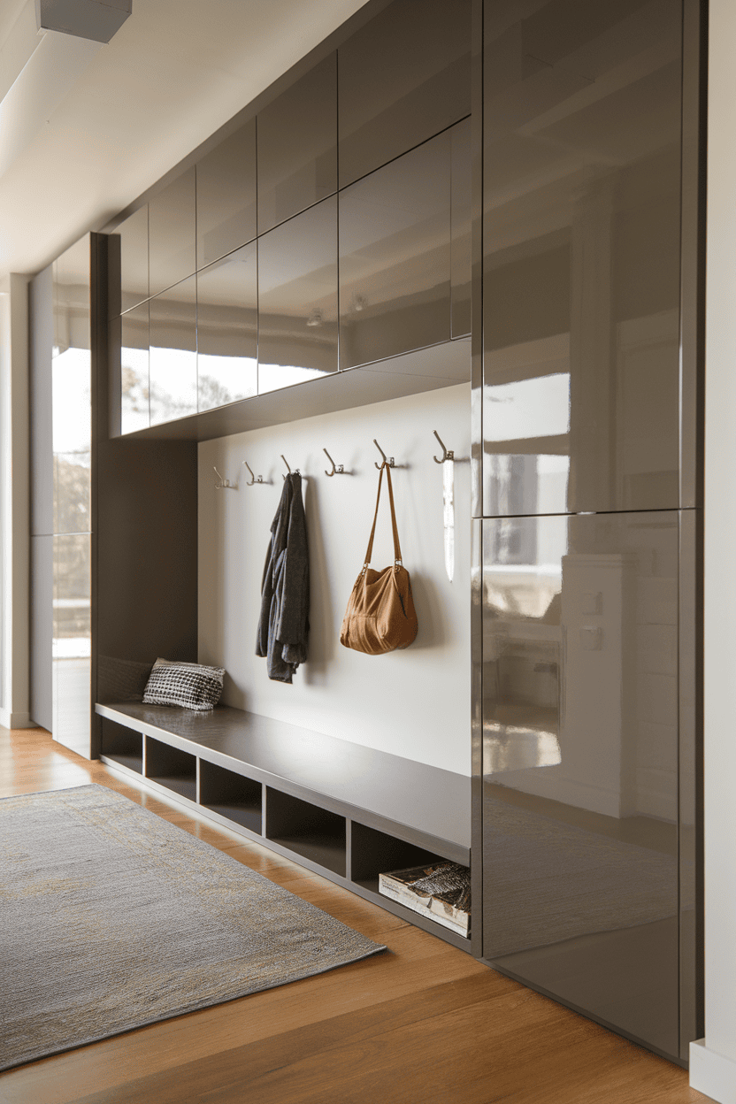 Modern floating mudroom cabinets with hooks and a bank