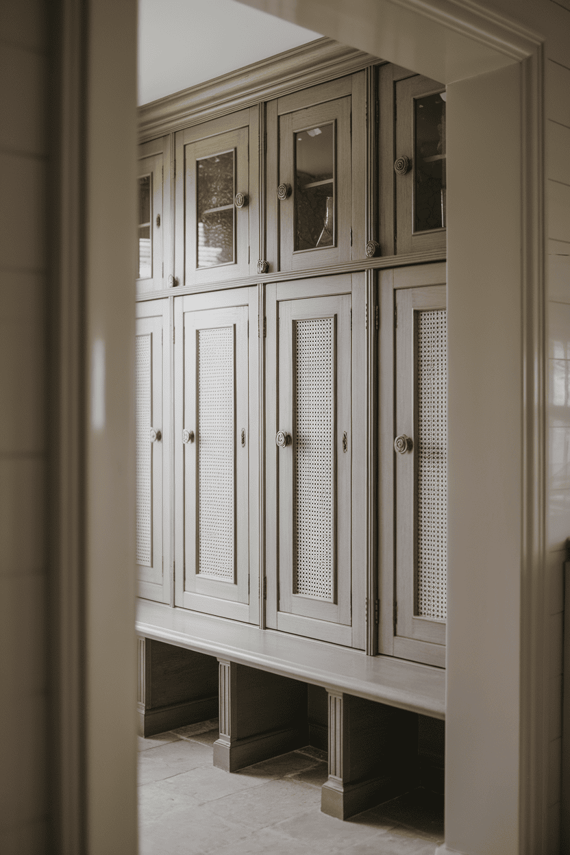 Vintage-inspired mudroom cabinets with a clean design and storage features.