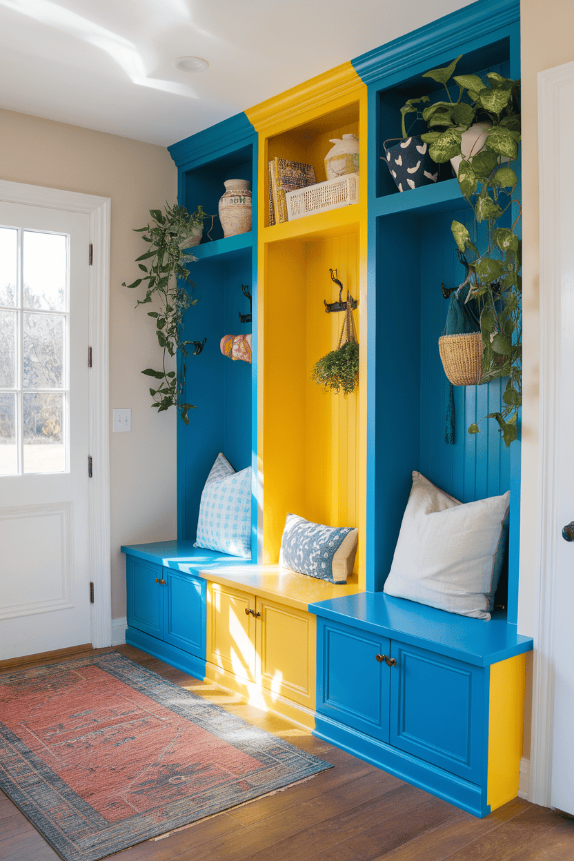 Brightly colored mutroom cabinets in blue and yellow with seating and plants.