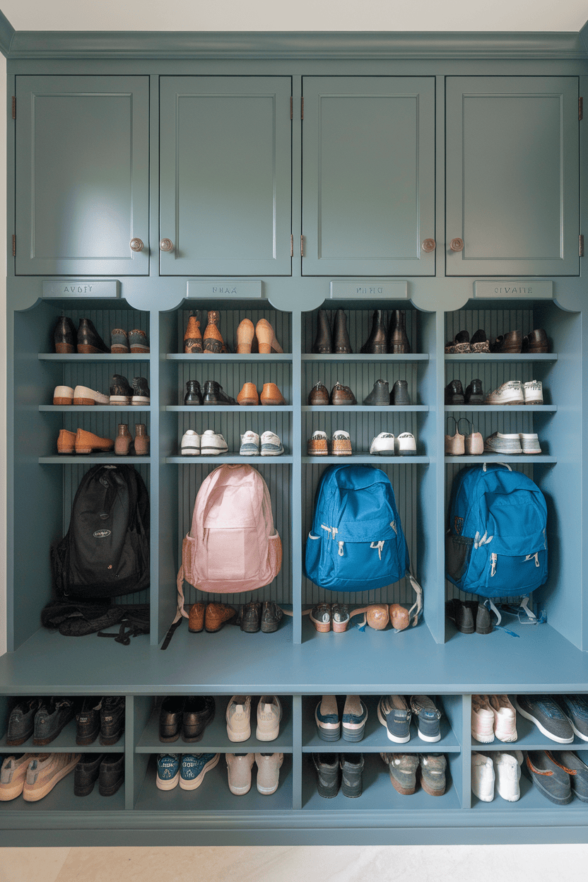 Mudroom cabinets with cubbies with organized shoes and backpacks