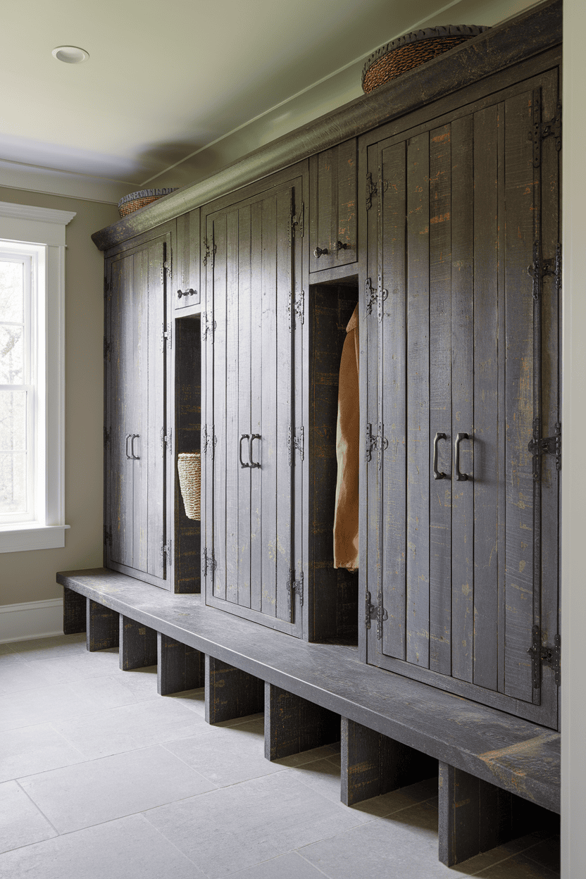 Long -lived mutroom cabinets with dark wood and several subjects.