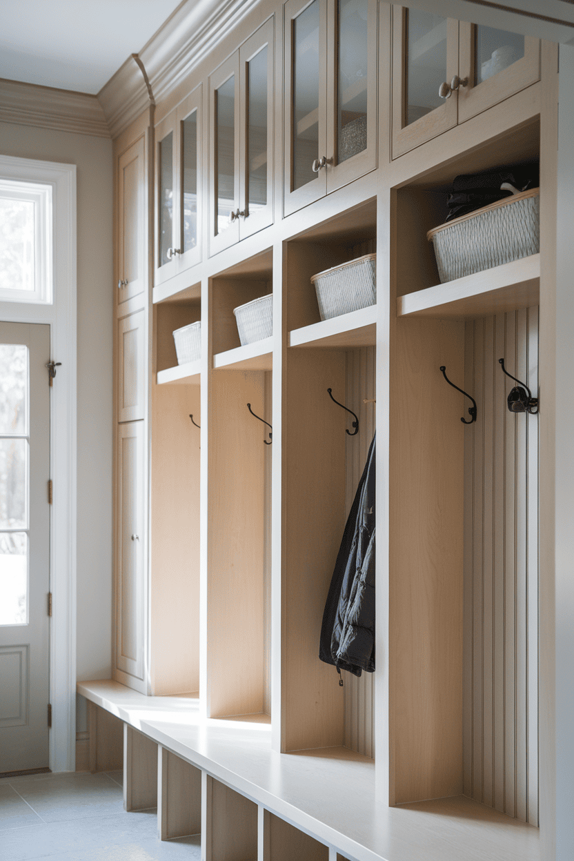 High tmroom cabinets with hooks and baskets for storage.