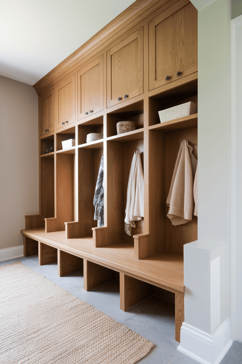 Stylish built-in mudroom cabinets with storage and hanging area.