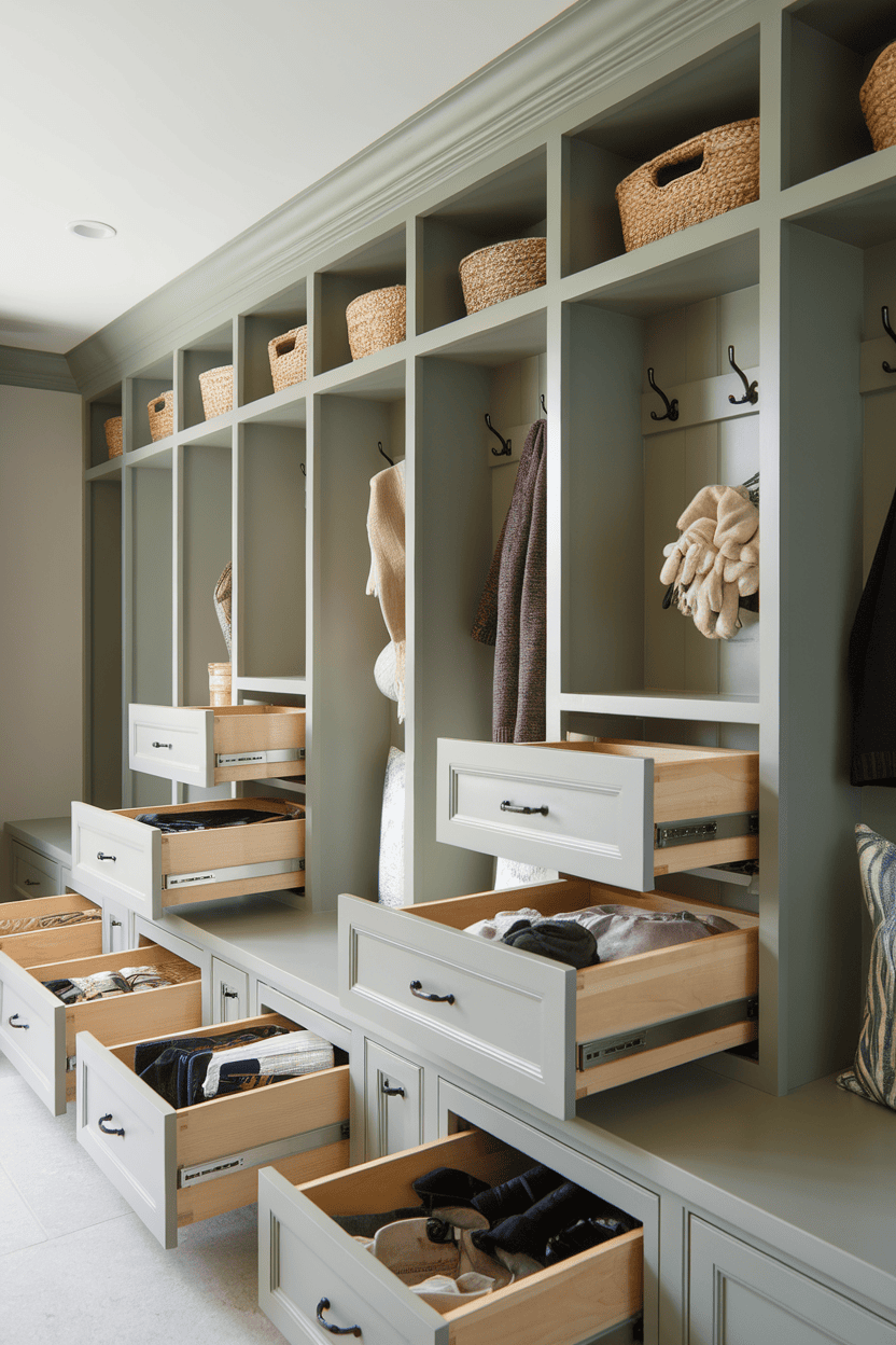 Modern mutroom with cupboards and drawers for the organized warehouse