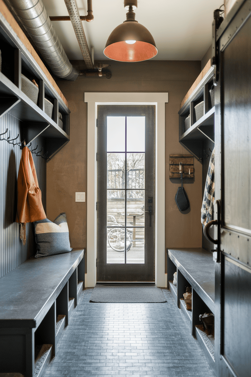 Mudroom for industrial style with metal and wood details with benches and hooks.