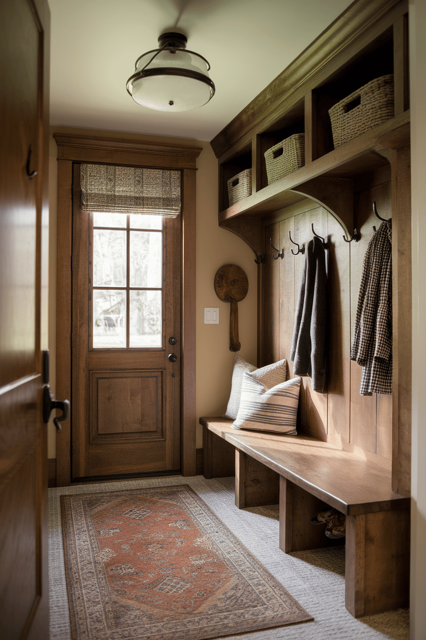 A rustic small mud room with warm wood accents, hooks for coats, a bank and a decorative carpet.