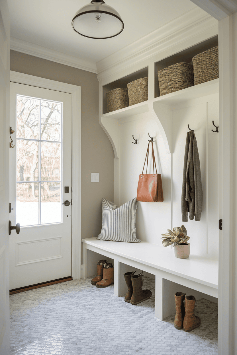 A minimalistic small mud room with a bench, storage containers and hooks for coats and bags.