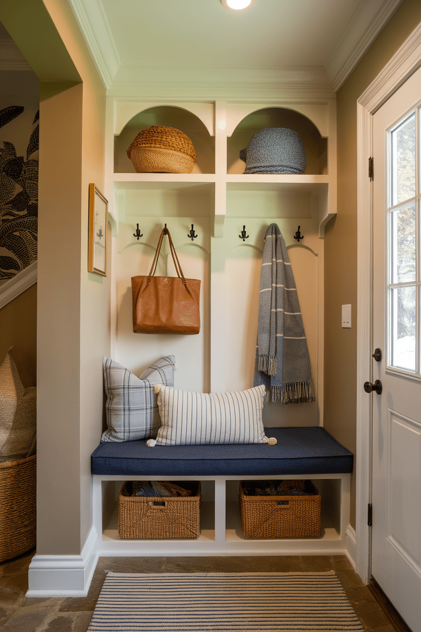 A cozy little mutroom with padded seating, storage baskets and hooks for bags and scarves.