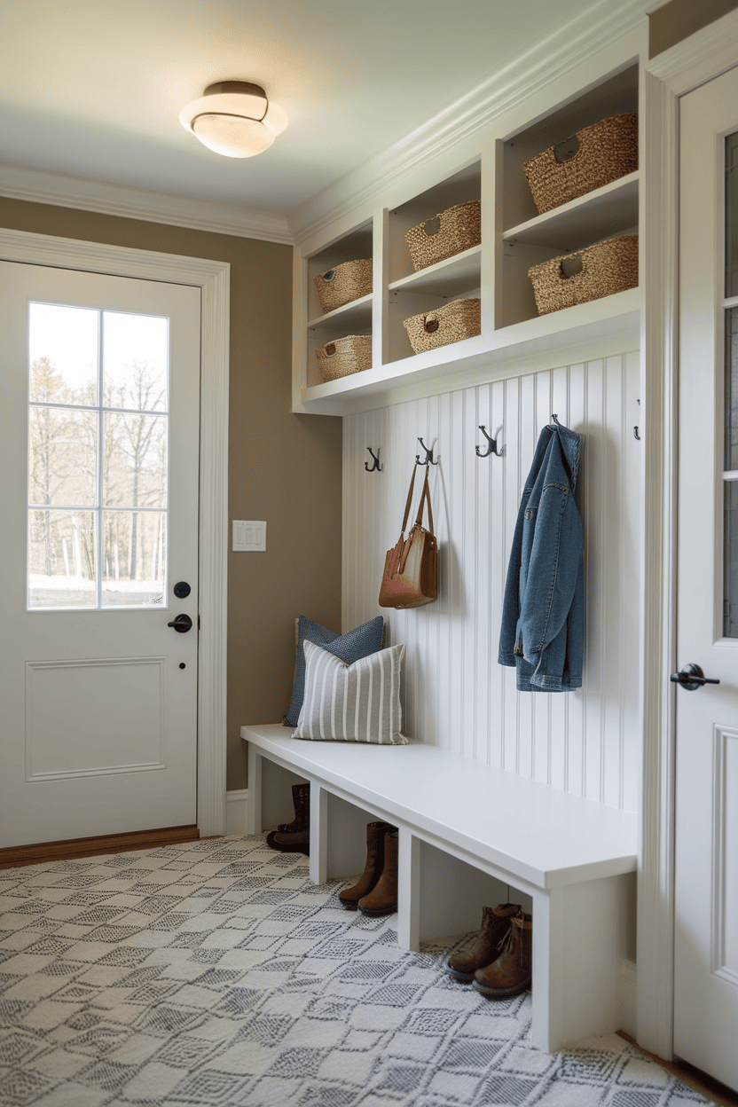 Cozy mutroom with built -in bank, hook and warehouse basket