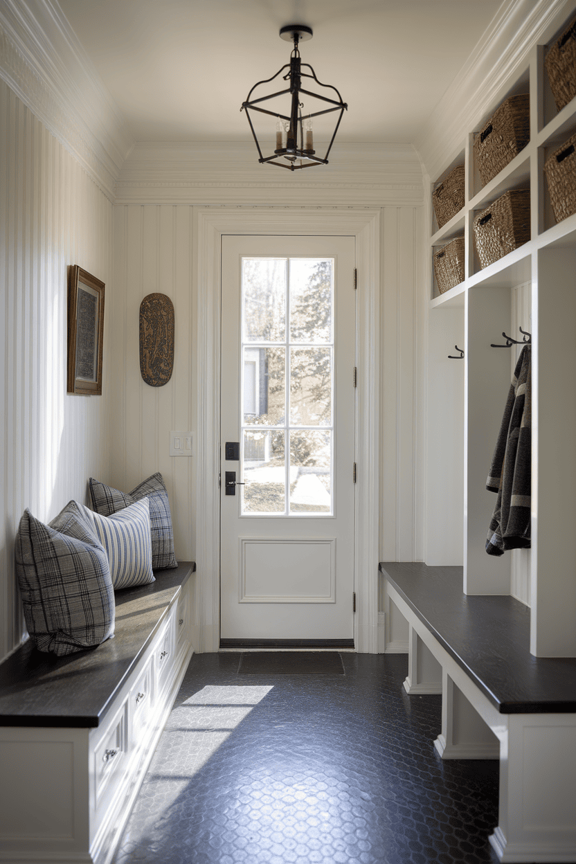 A classic small tmroom with white cupboards, trim and cozy seating.