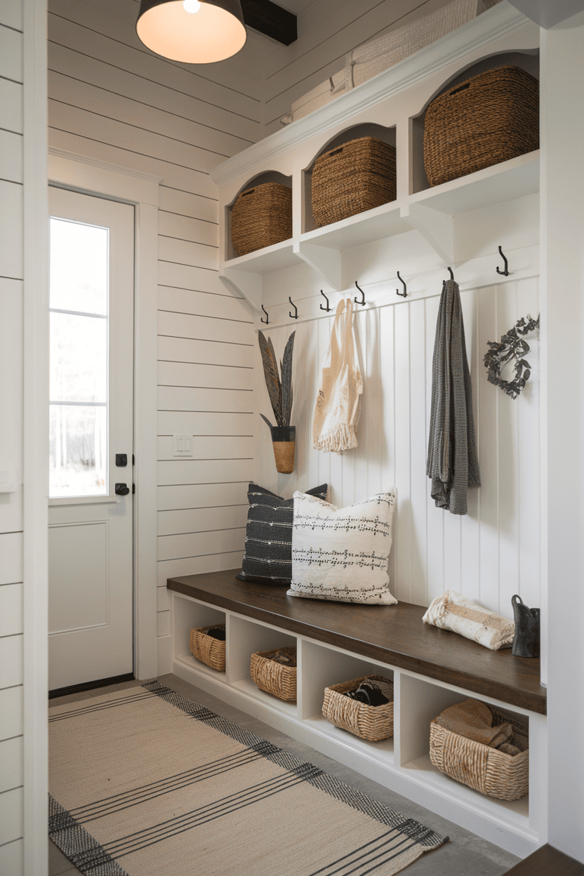 A small mutroom input with ship walls, a wooden bench with stock baskets and hooks for coats.