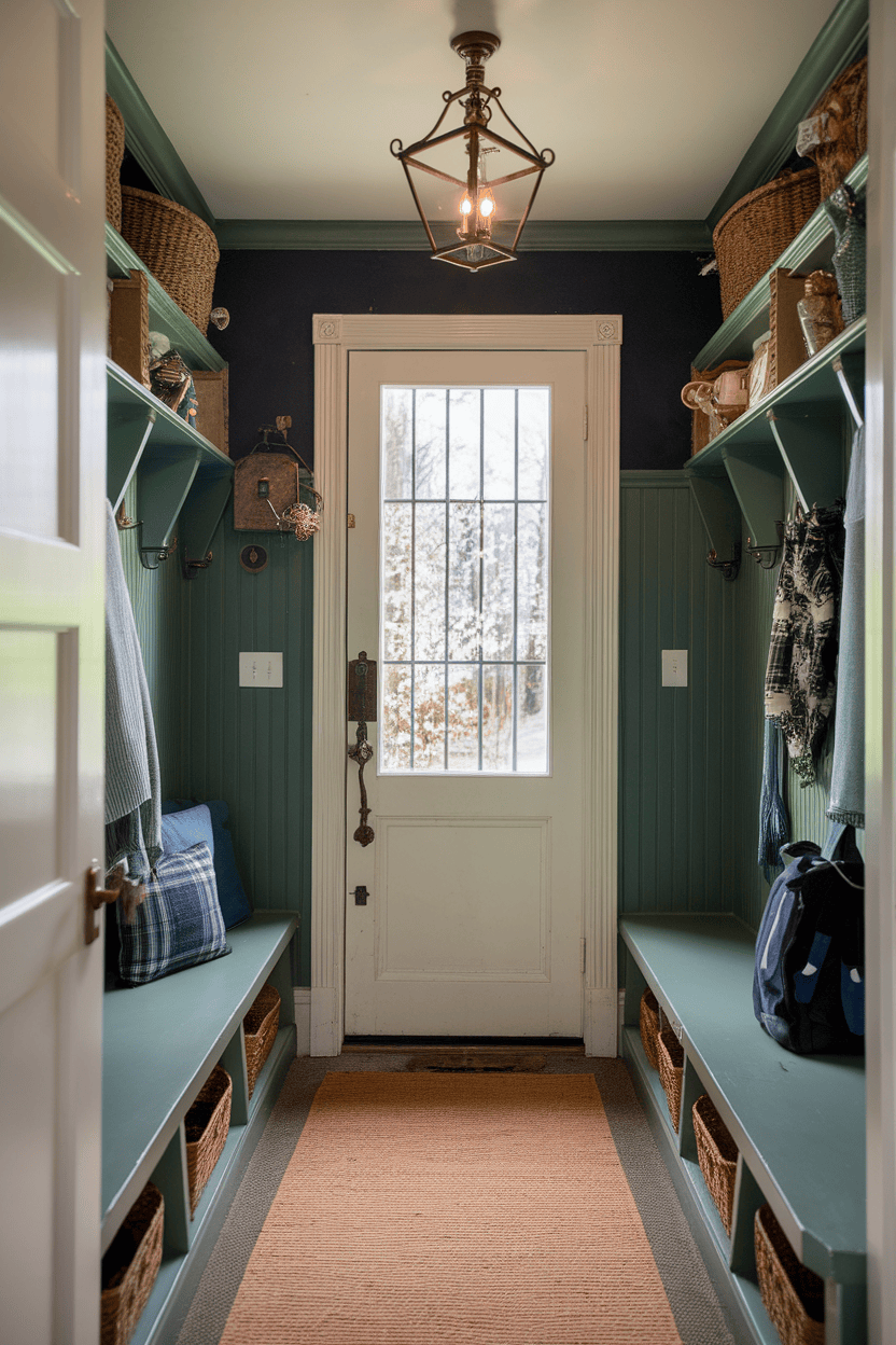 A small mutroom input with vintage decor, a door with window panes and organized storage baskets.