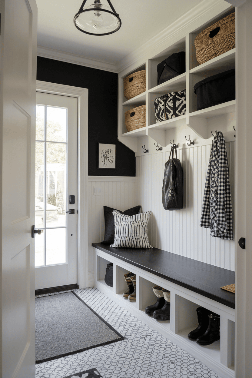 Chic Small Mudroom Eeinadway with a black and white palette with a bench, bearing baskets and a light entrance.