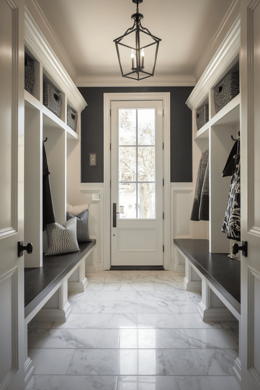 Small Mudroom input with marble tile floors and stylish memory solutions.