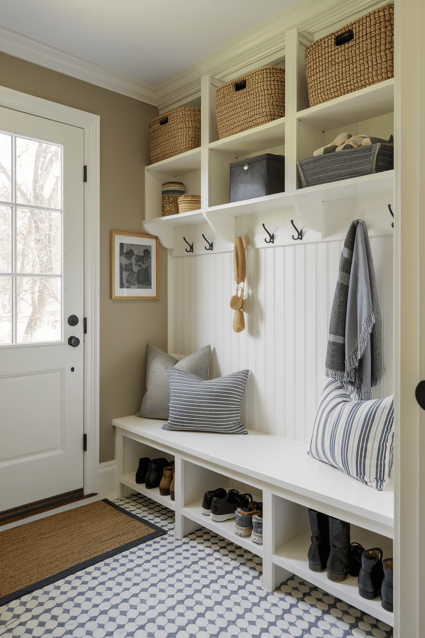 An entrance area of ​​the small mutroom with floating shelves, organized storage and a cozy seating area.