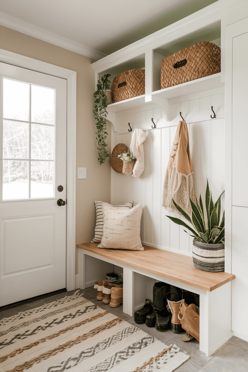 A stylish little mutroom input with a wooden bench, decorative baskets, plants and a cozy carpet.