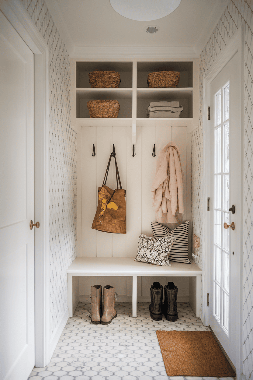 A small Scandinavian mutroom with a light and airy design with a bench, hook and storage baskets.