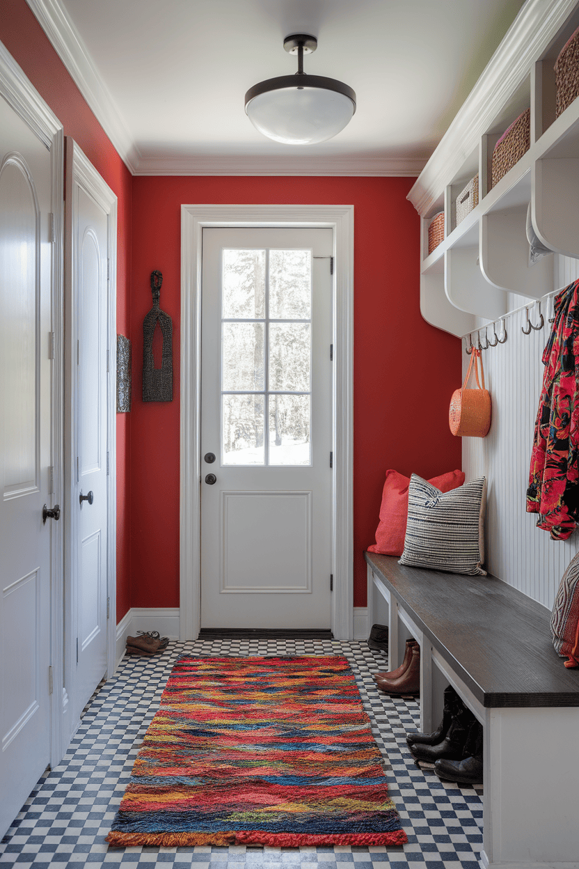 A bright red mud room with colorful carpet, seating area and decorative accents.