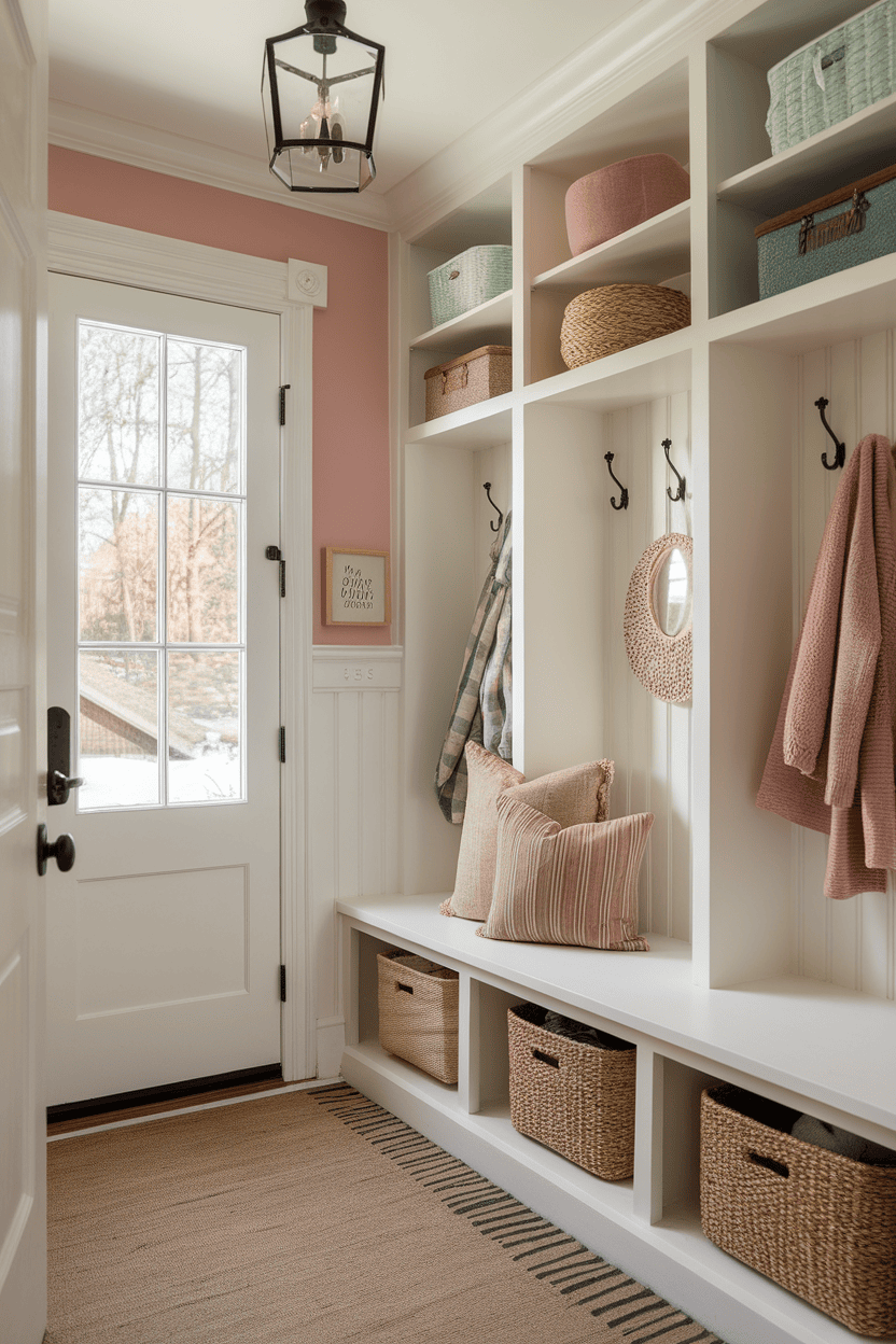 A cozy mud room with pastel pink walls, stylish hooks and woven baskets for storage.