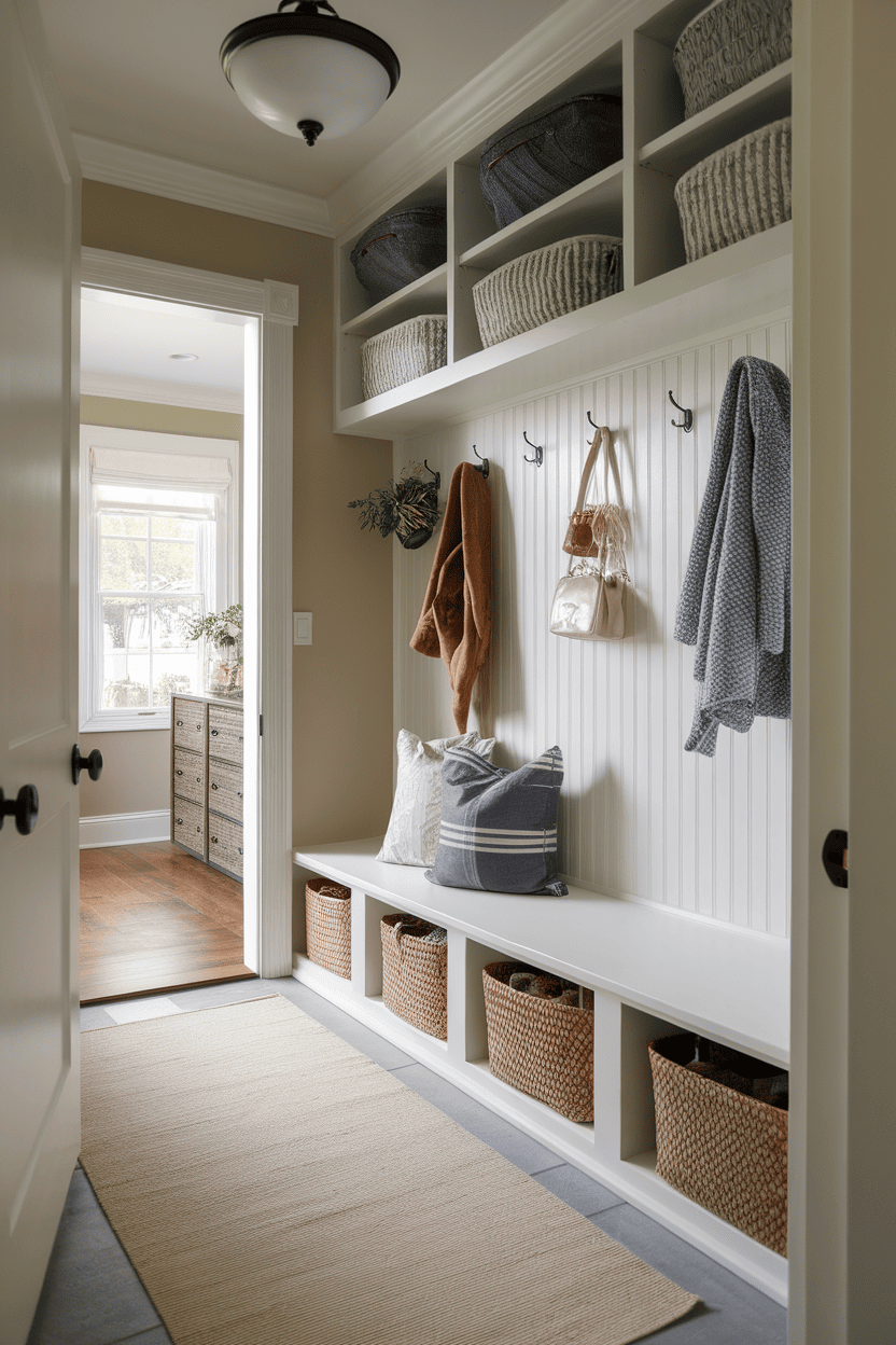 A narrow mud room with vertical storage with shelves, baskets and hooks for the organization.