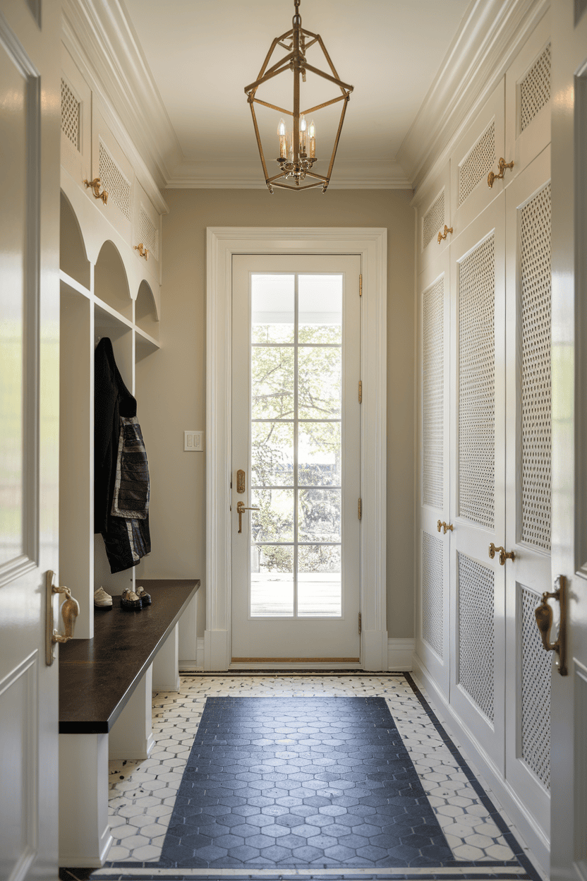 Luxurious small mutroom input with golden hardware, a bank and a stylish floor.