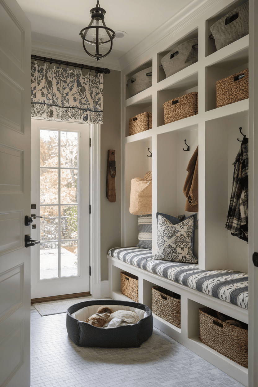 A small mutroom with a bench, storage basket and a dog bed with light from a door.