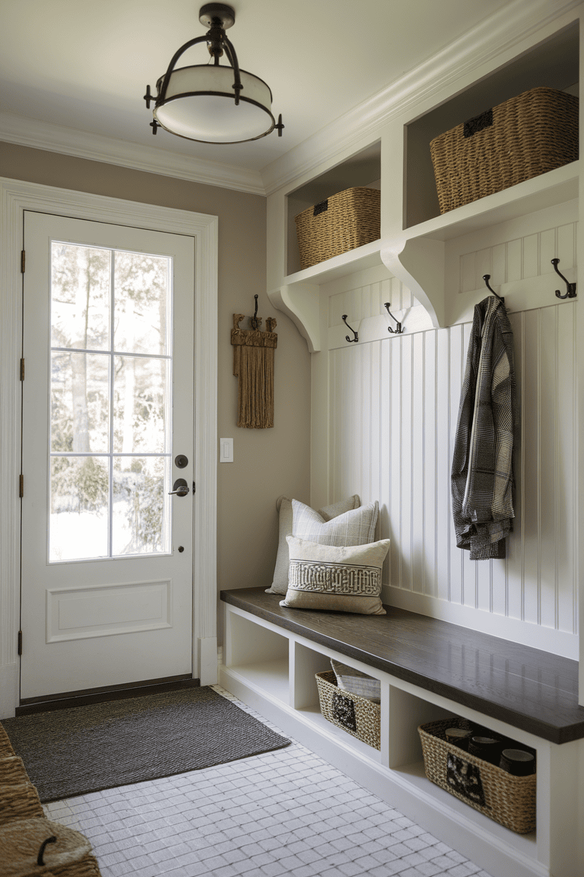 A transitional small mutroom with a bench, baskets and hooks with an inviting light and natural light from the door.