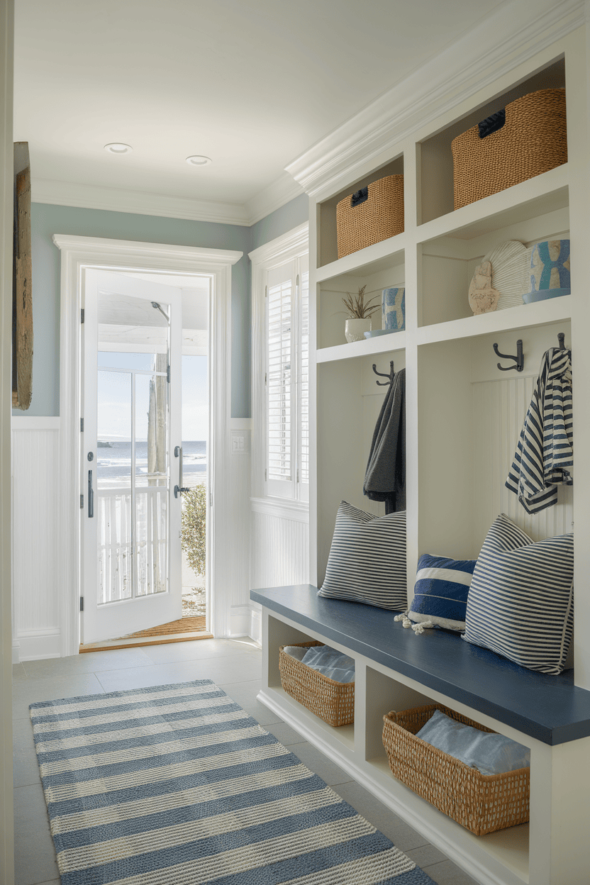 A small entrance to the coast with nautically inspired decor, including striped pillows and a blue and white color scheme.