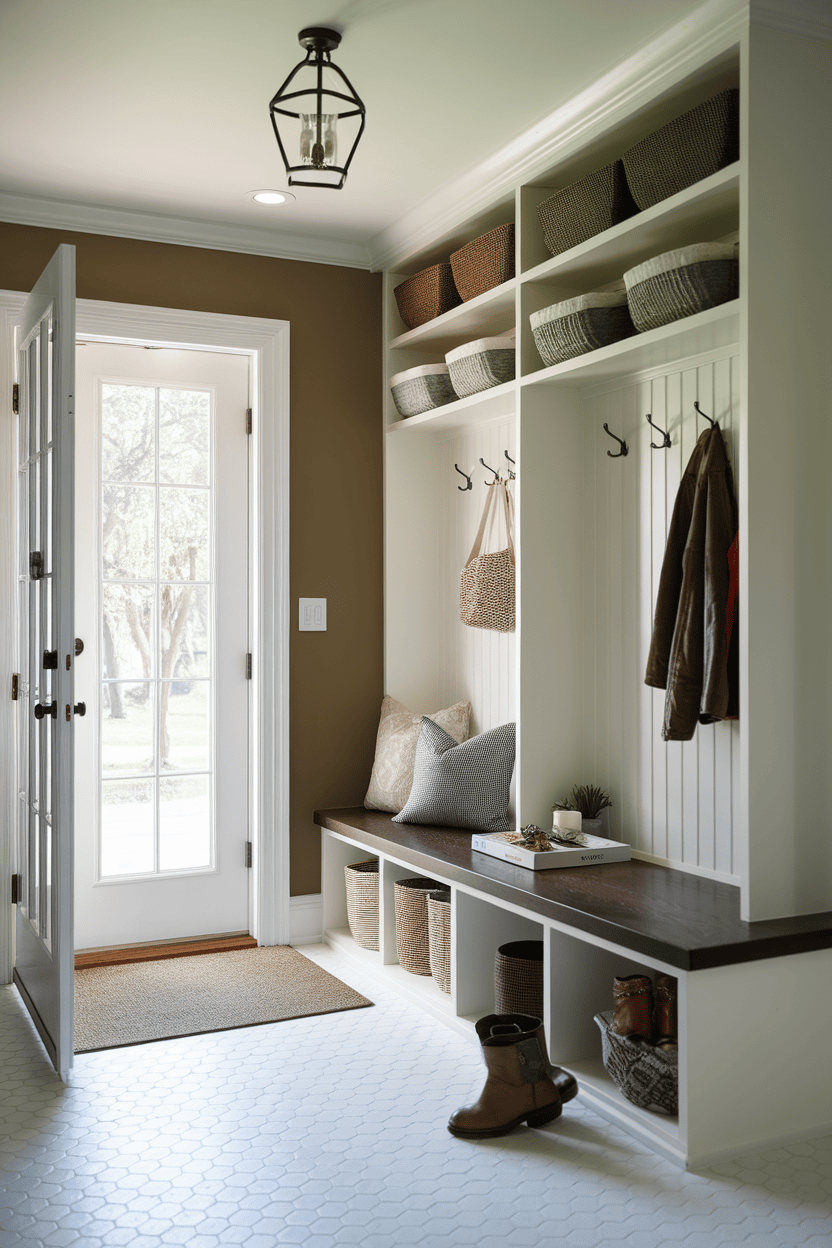 A small mutroom input with a bank, hook and storage baskets.