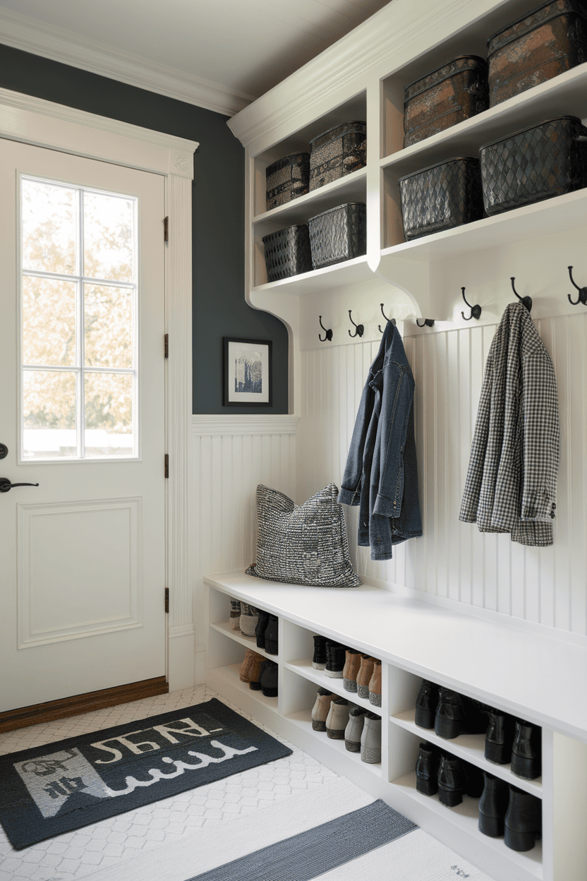 Cozy mud room with wall mounted shoe racks, hooks and a bench for seating.