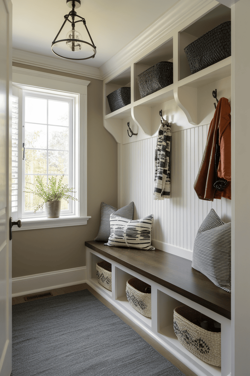 A stylish narrow mud room with a built -in wooden bench, decorative pillows and storage baskets at the top.