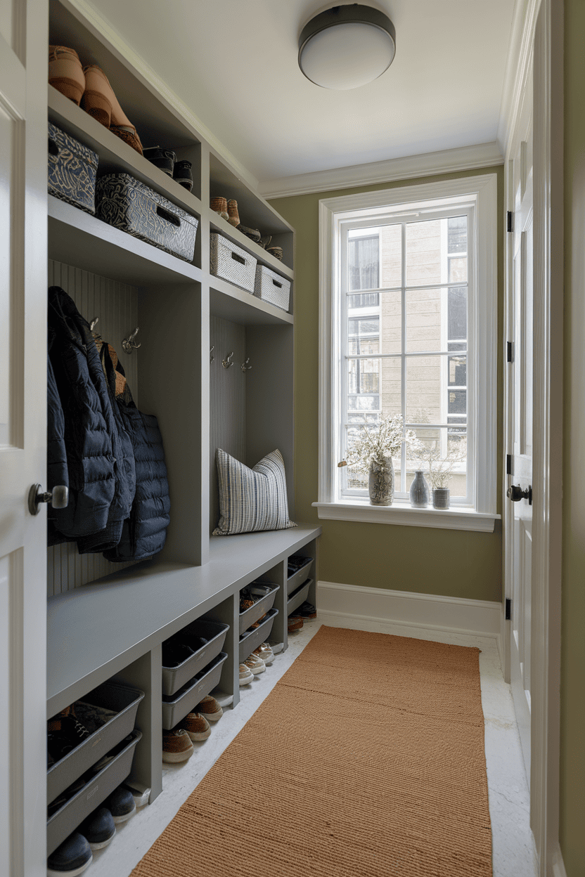 A narrow mud room with shoe storage, hooks for coats and a window.