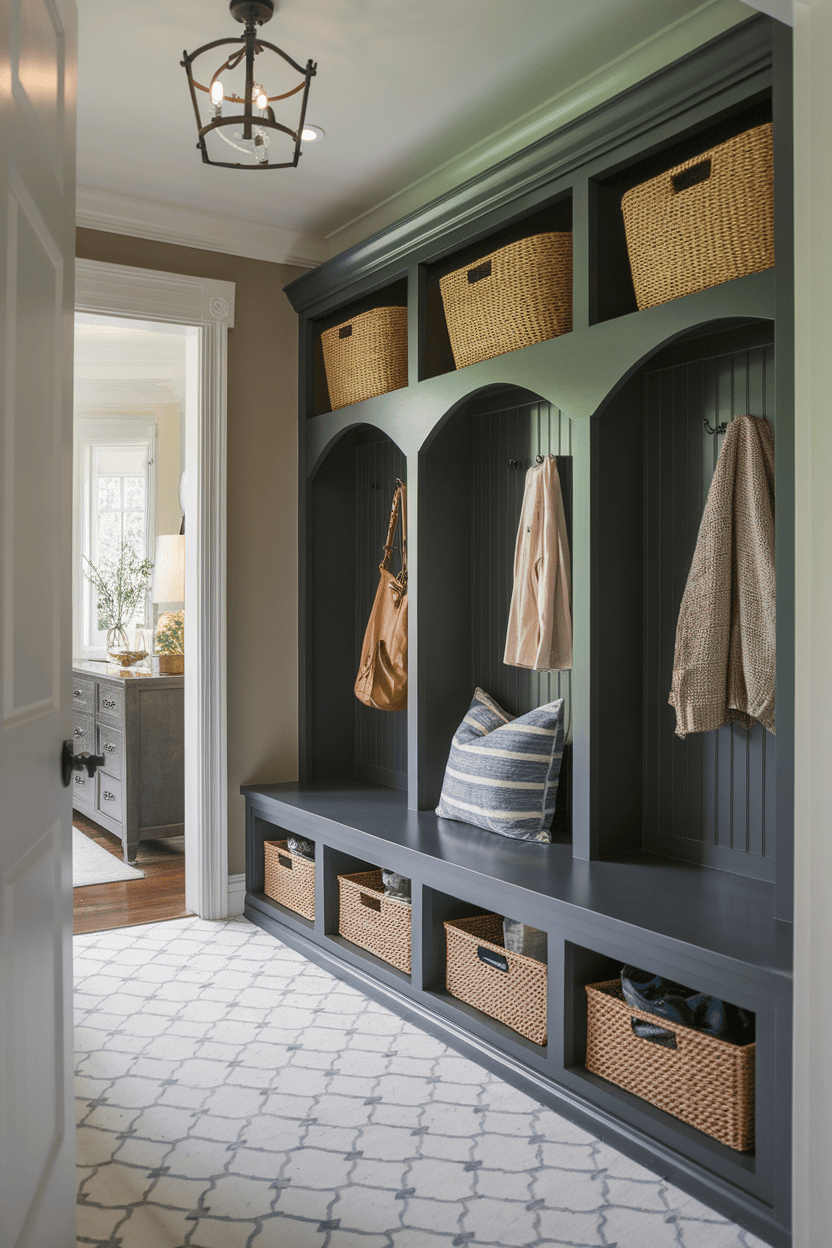 A narrow mutroom input with a built-in storage unit with baskets, hooks and a bank.