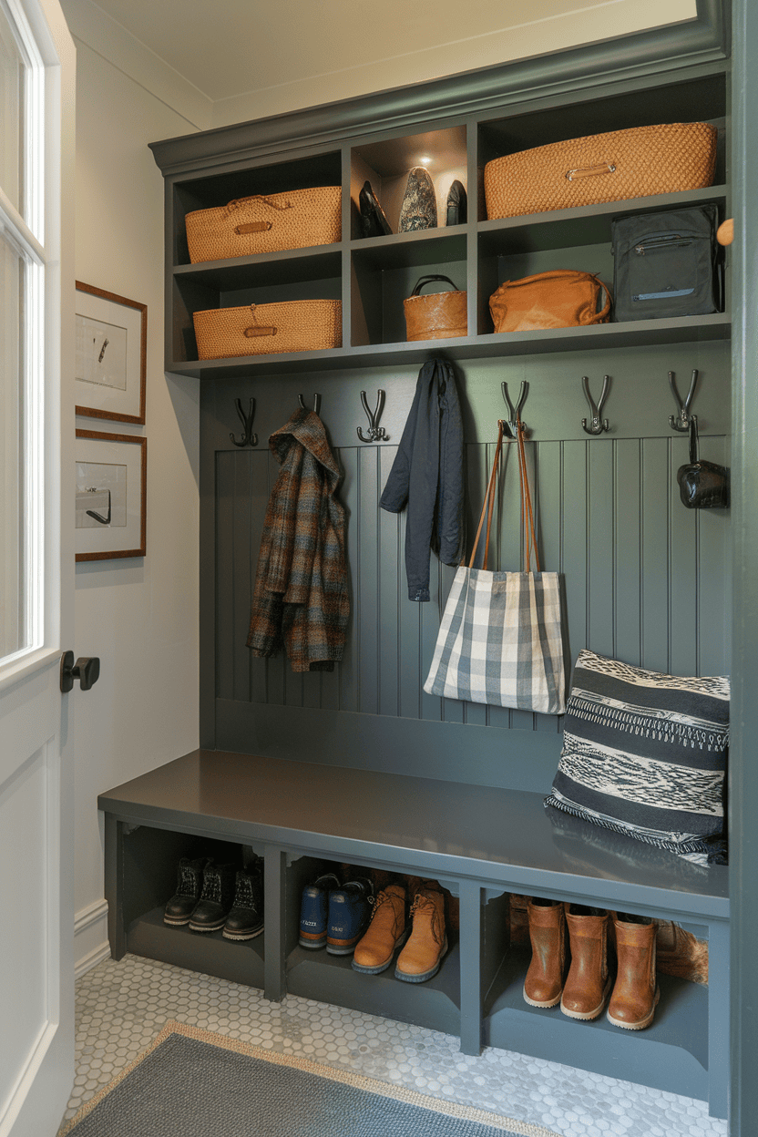 A narrow mutroom input with hooks and storage baskets, ideal for the organization.