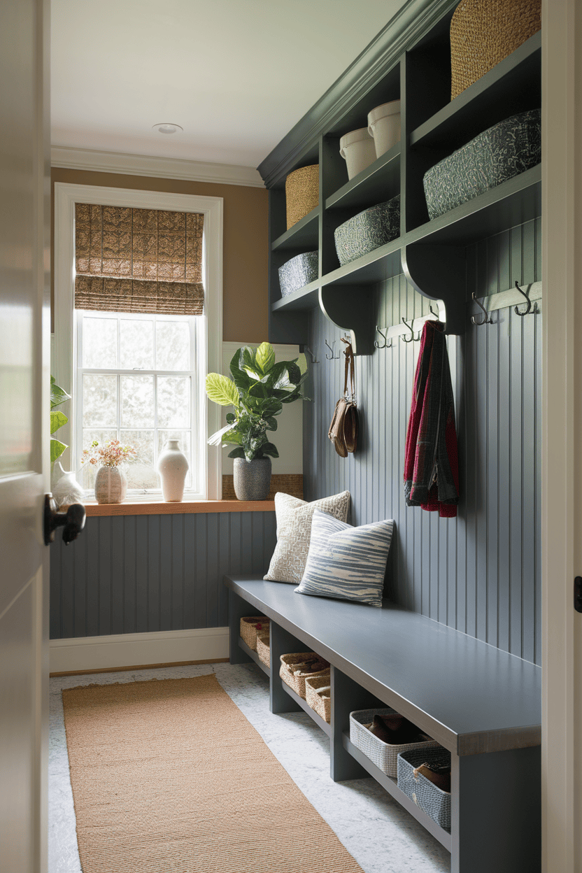 Narrow sludge room input with shelves, hooks, plants and a bank.