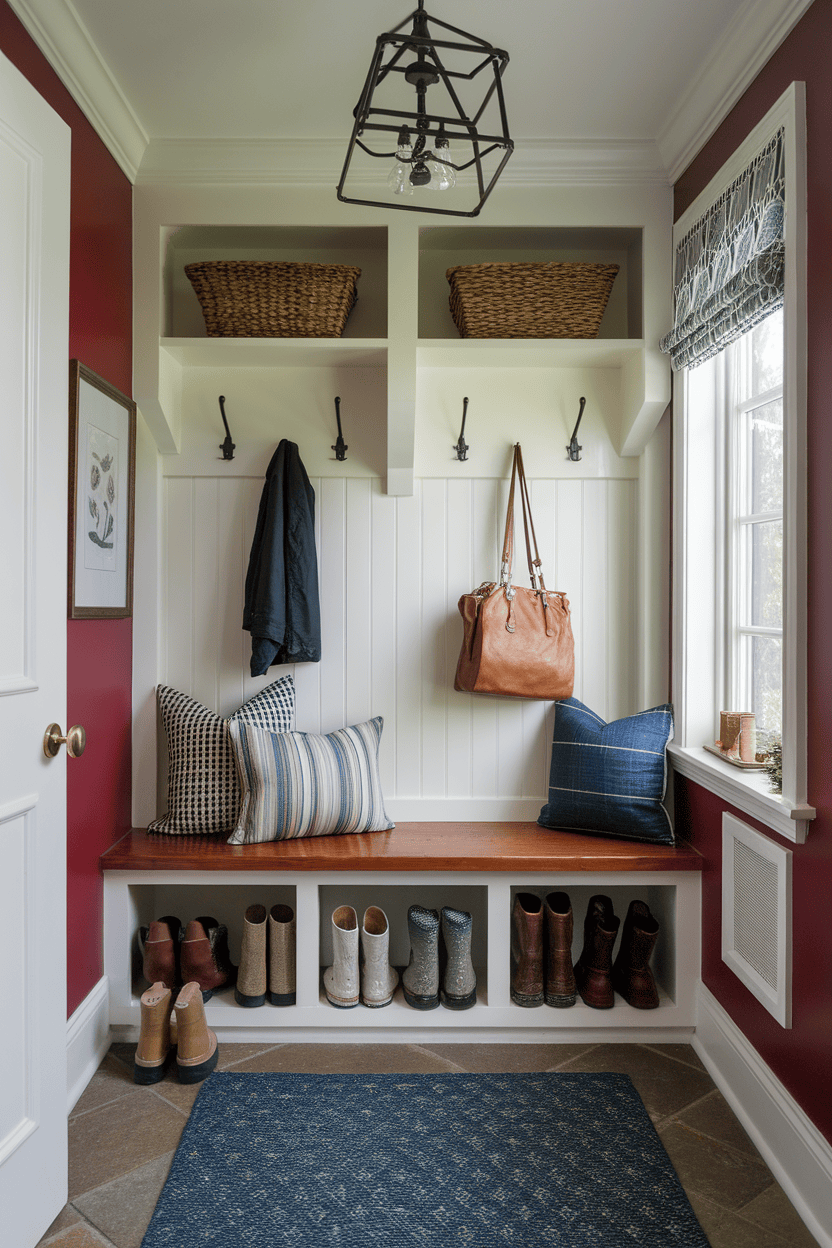 A narrow mud room with a wooden bench with pillows, shoe storage and hooks for coats and bags.