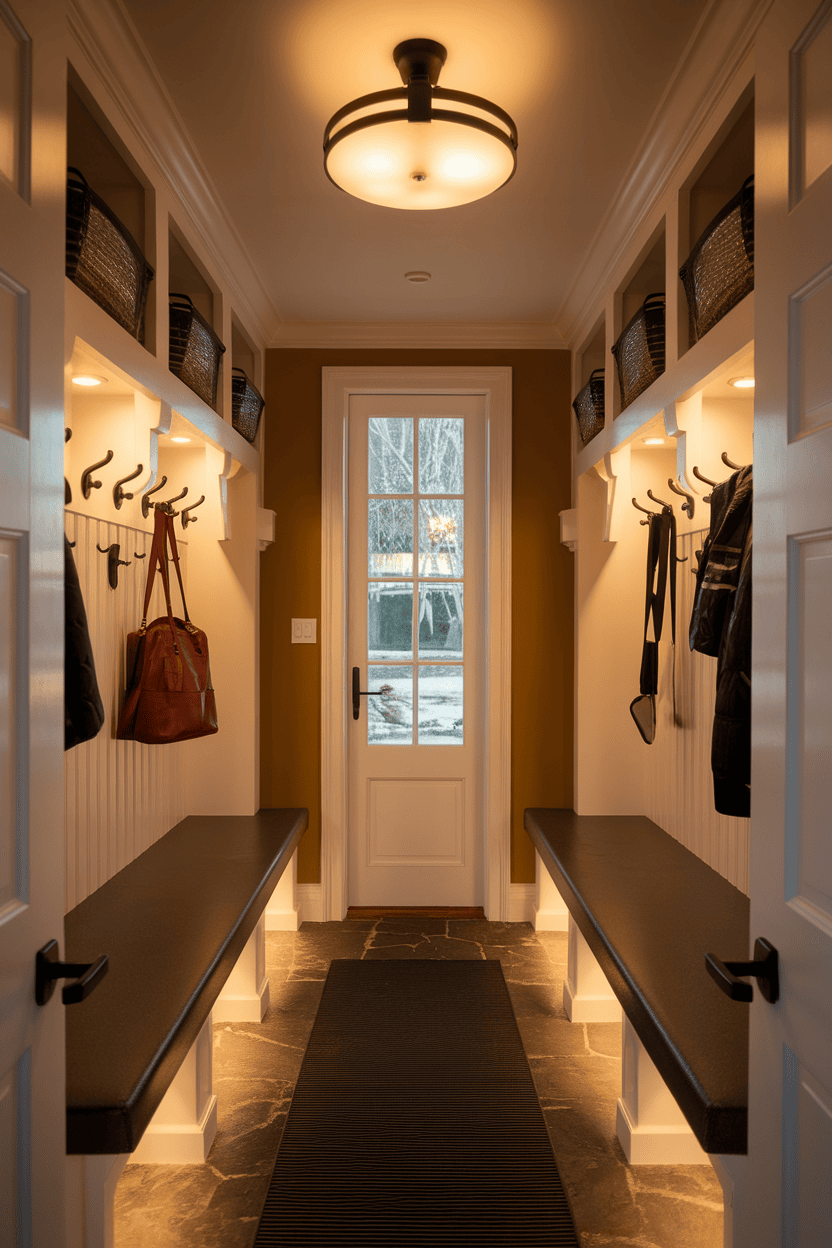 Modern narrow sludge room with stylish ceiling light and organized hooks