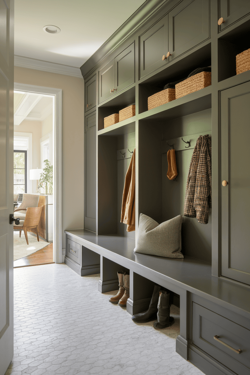 A narrow mud room with slim cupboards, hooks for hanging and storage baskets.