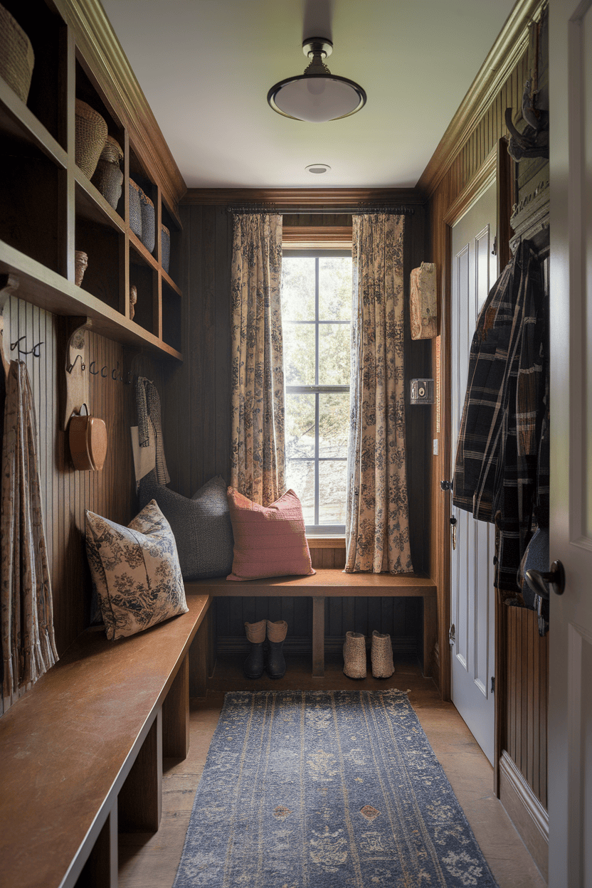 A narrow sludge room entrance with wooden shelves, curtains, pillows and a cozy carpet.