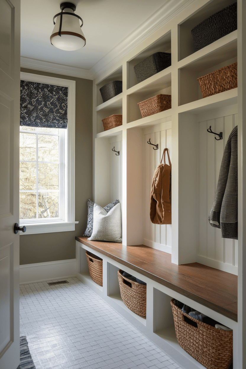 A narrow mud room with built -in shelves, hooks and a bank for storage.