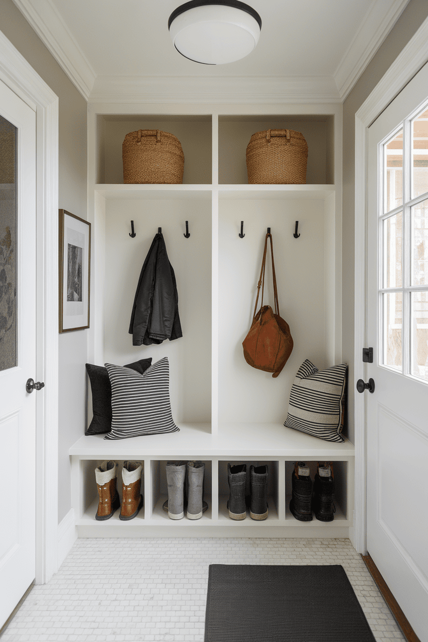 Organized narrow mud room with shelves, hooks and seating.