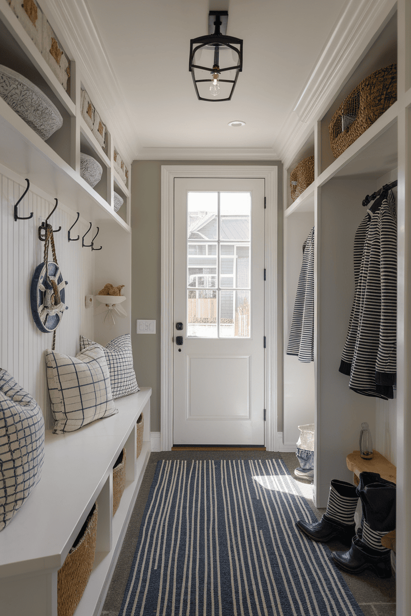 A narrow mud room with coastal decoration with striped carpets, pillows and organized storage.