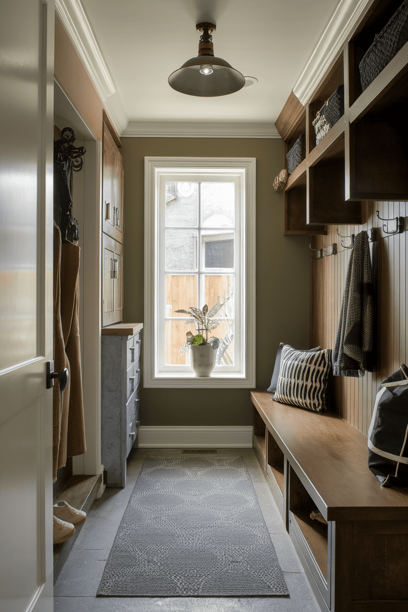 A narrow mud room with industrial lighting, wood storage units and a cozy seating area.