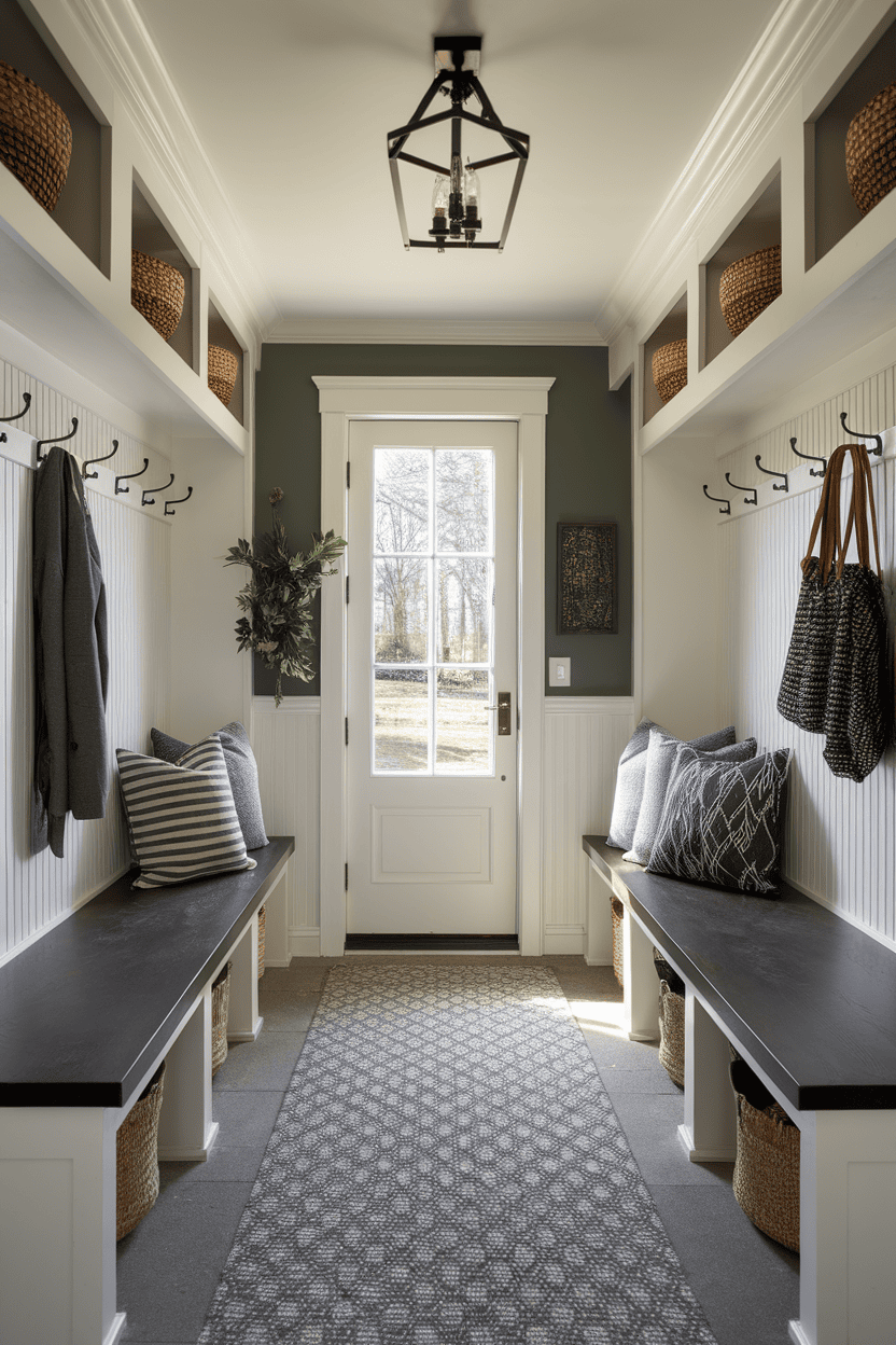 A narrow mud room with hooks for coats, shelves for storage and benches for seating.