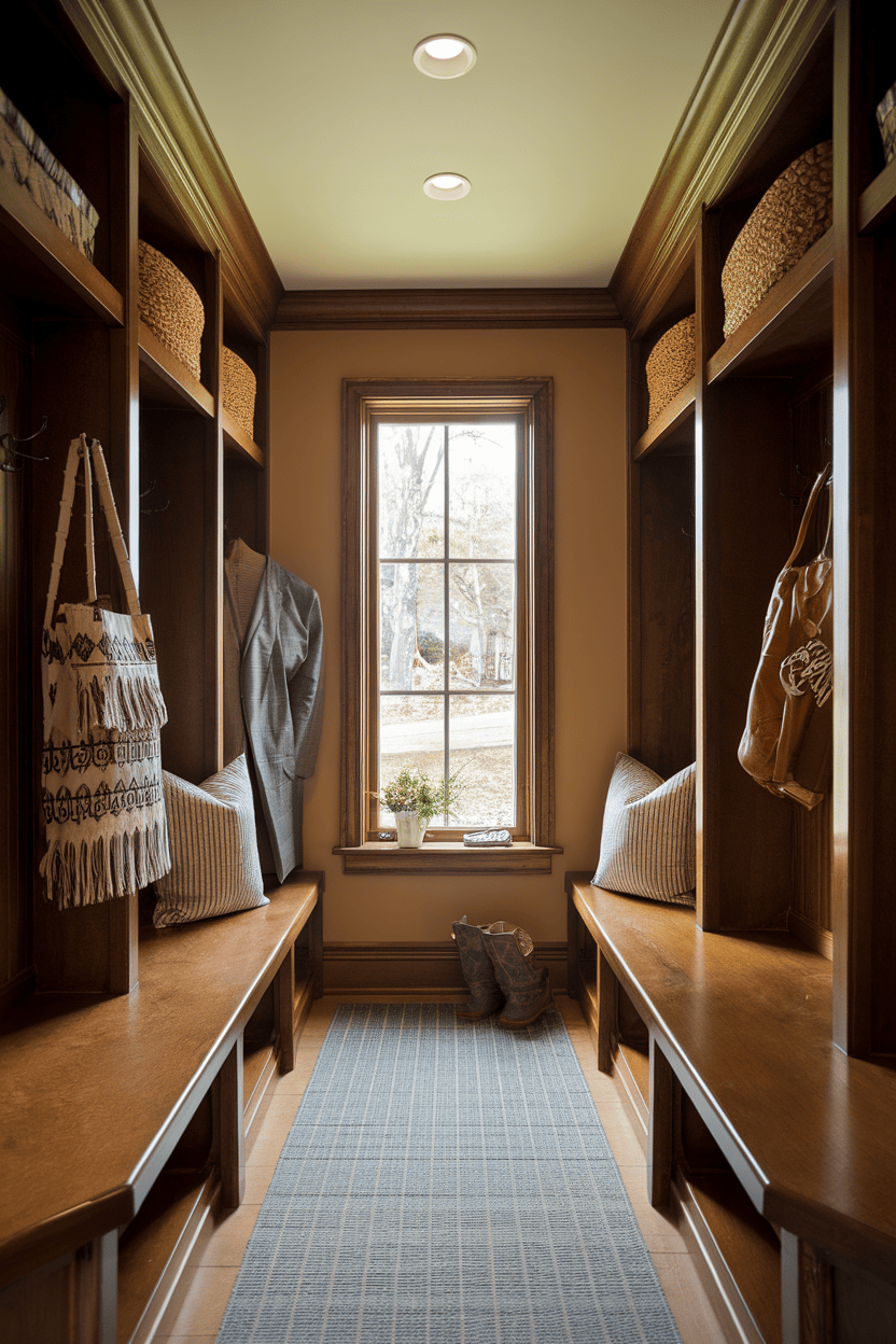 A warm narrow mud room with wooden shelves, benches and natural light from a window.