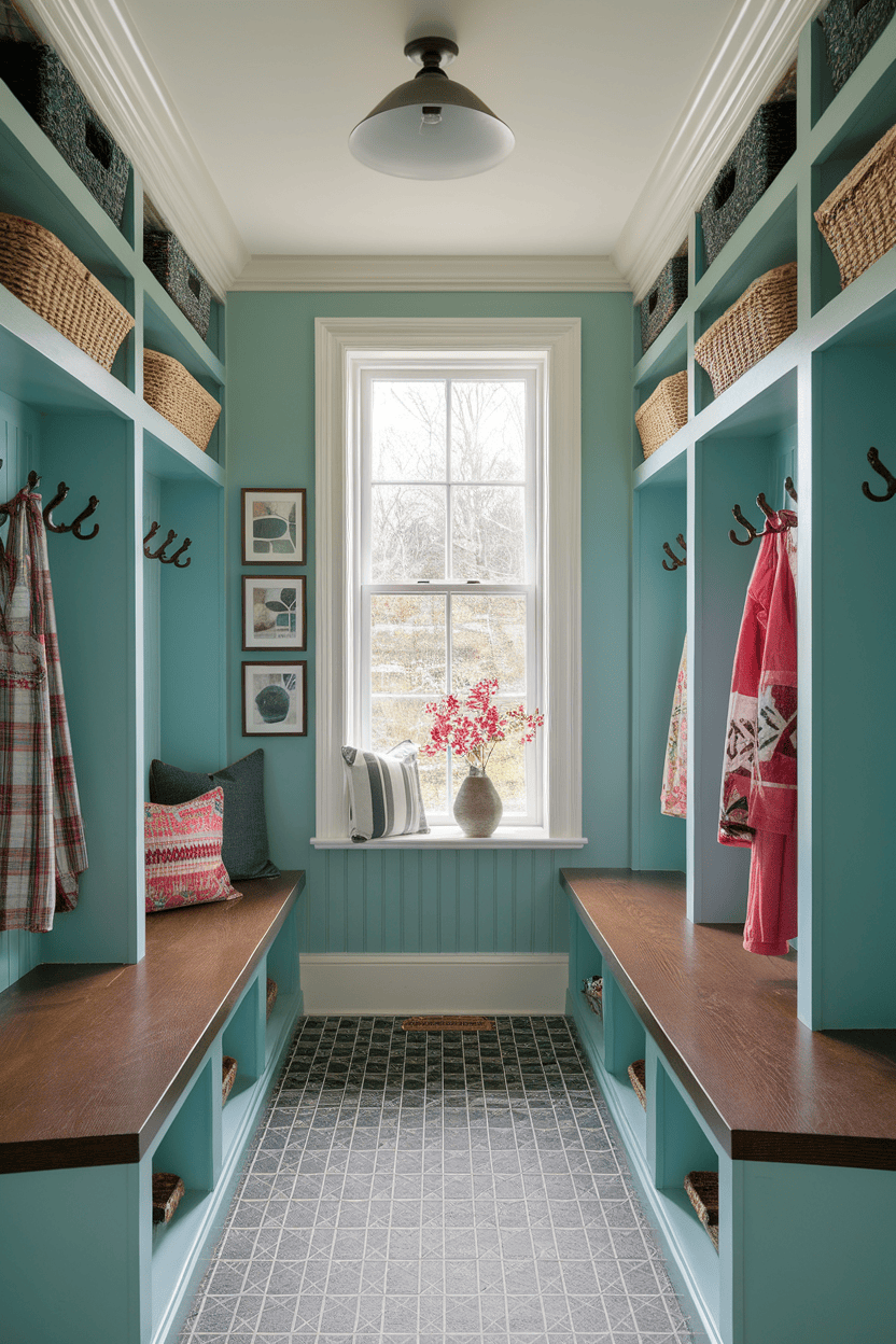 A narrow entrance area with light blue walls, wooden benches and a window with floral decorations.