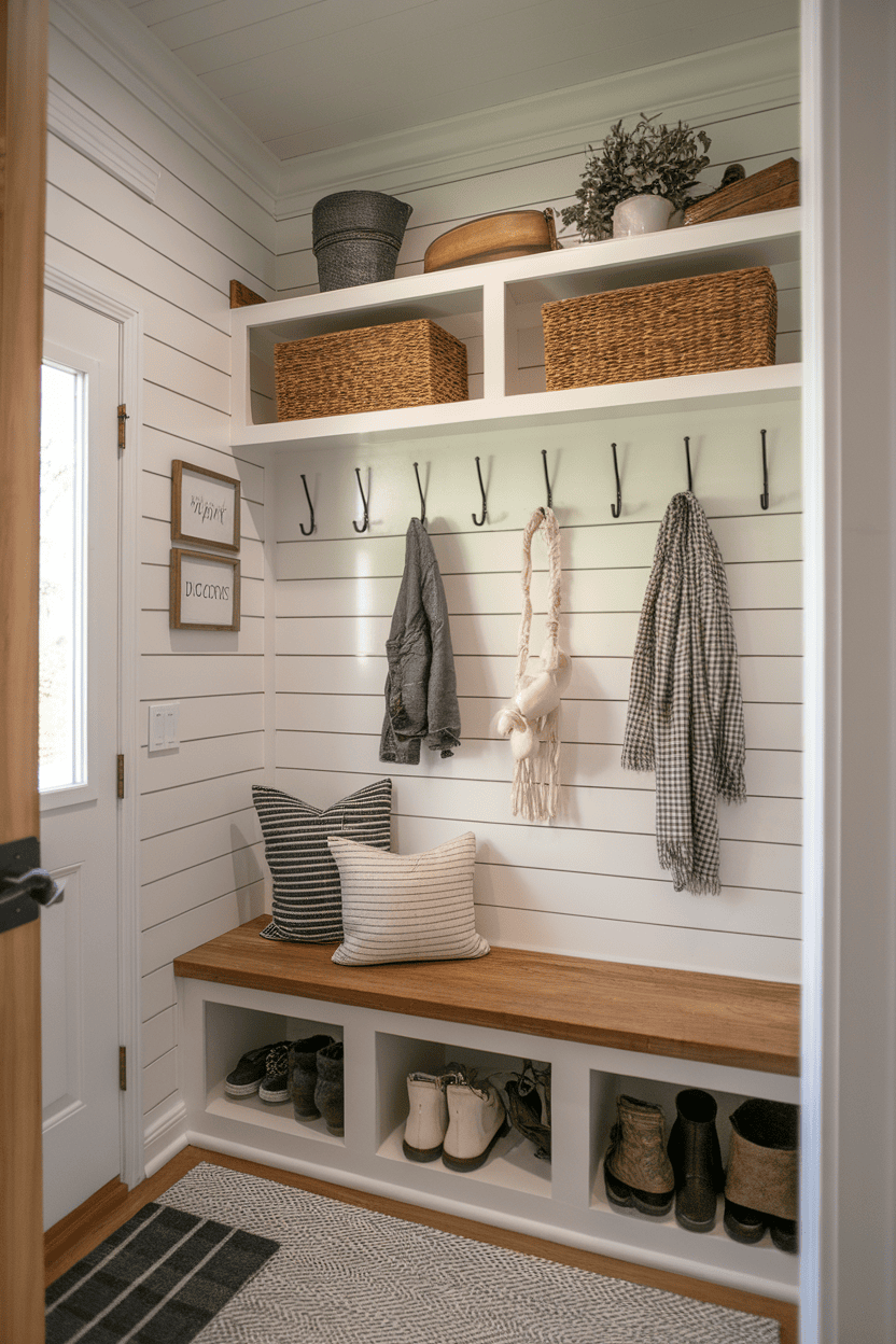 A narrow mud room with white ship walls, wooden bench, hook for coats and baskets for storage.