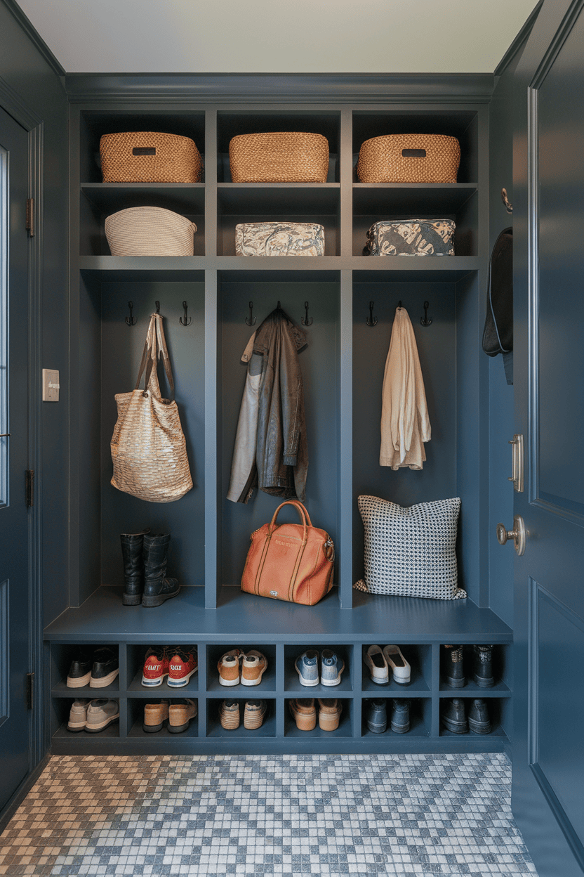 A narrow sludge room input with compact lockers, hooks for coats and shoe stores underneath.