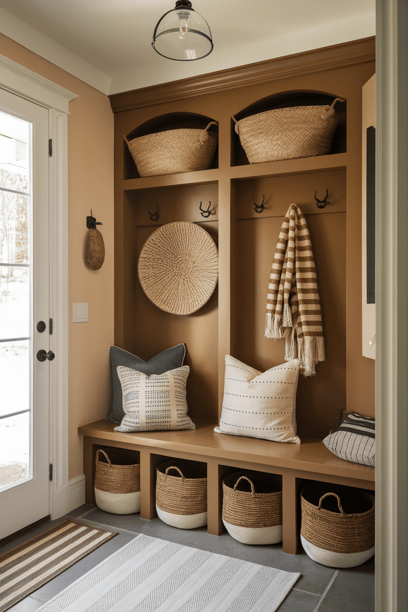 A stylish narrow mud room with baskets, pillows and a cozy blanket.