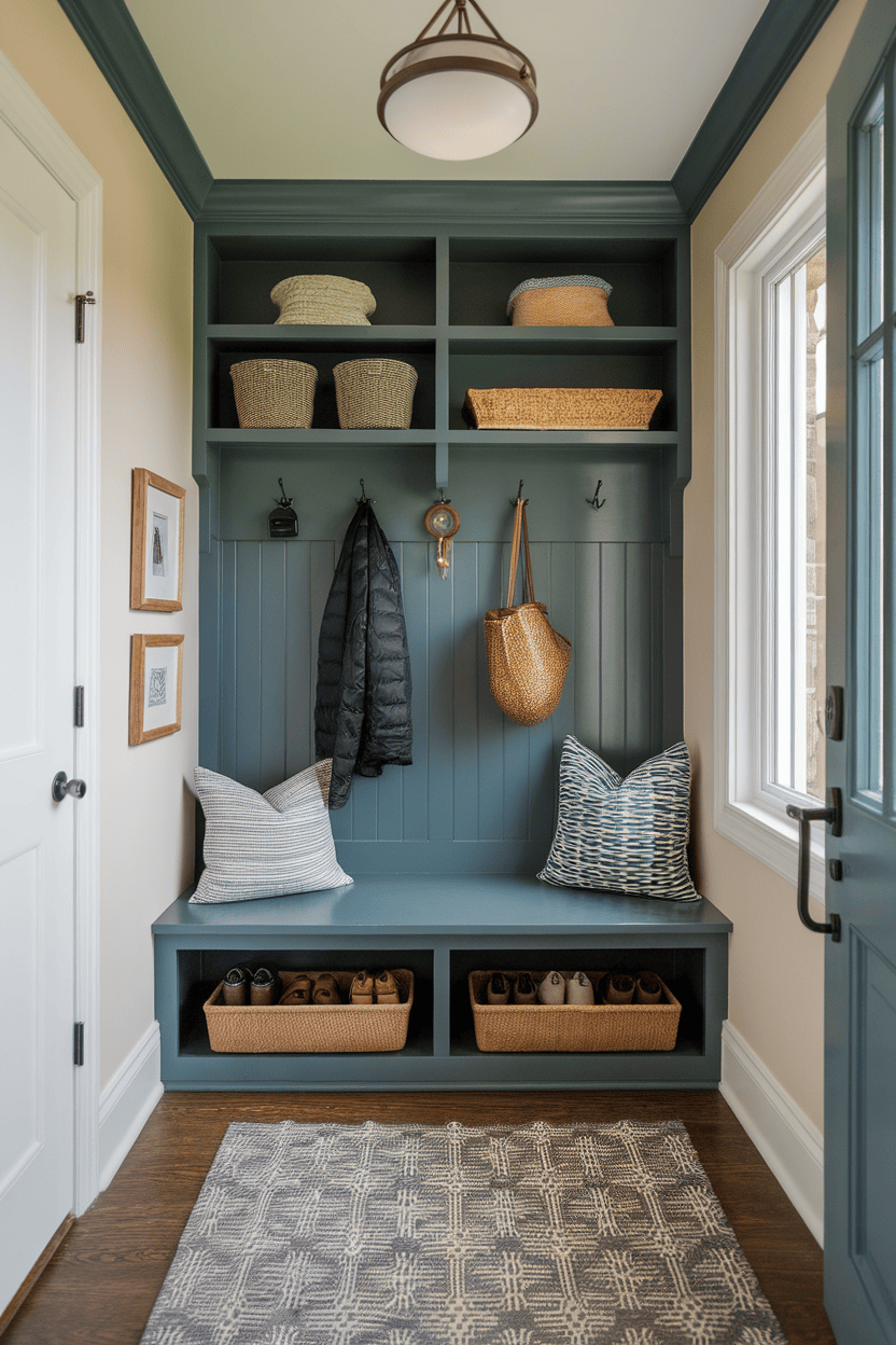 A narrow mutroom input with a cozy bench with baskets, shelves at the top for storage and hooks for jackets.